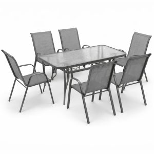 ZESTAW MEBLI OGRODOWYCH BALKON TARAS STÓŁ 120x70 +6x KRZESŁA MINORKA SZARE